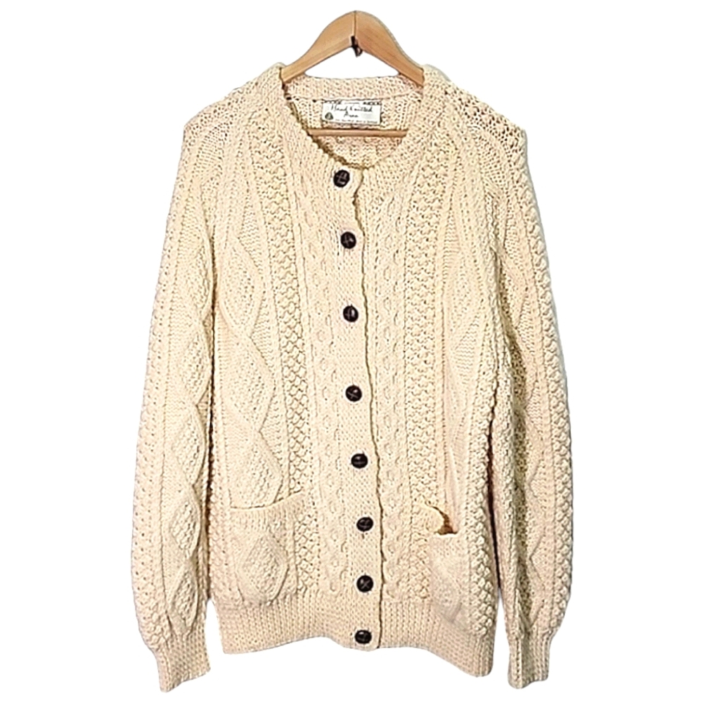 Aran Hand knitted pure wool button-up cardigan size measurements in description